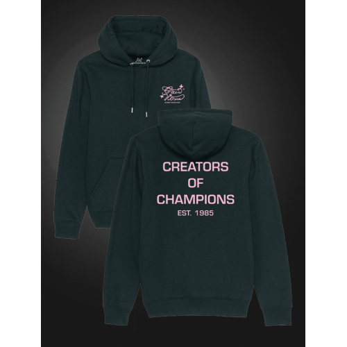 Mikina Creators Of Champions s kapucí bez zipu - černá s růžovým nápisem